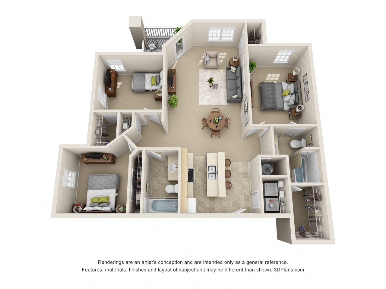 Floor plan for 3 beds, 2 baths, 1271 sqft